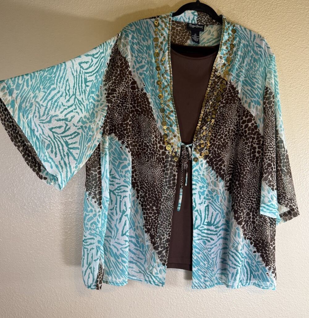 Maggie Barnes 2X Tunic Artsy Flowy Boho 2Pc Beaded Lagenlook Animal Print Top